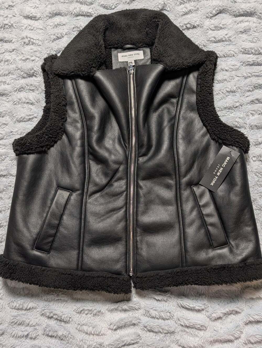 Marc New York Black Faux Leather Sherpa Collar Vest